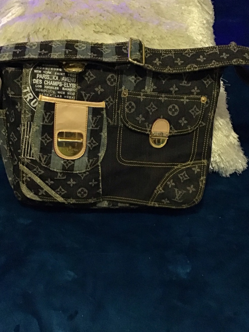 Designer-Style Black Monogram Messenger Bag with Gold Accents